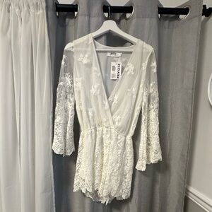 White Lace Romper with Floral Embroidery Romper